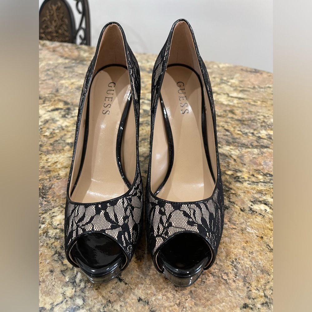 GUESS Black Lace Peep Toe Heels